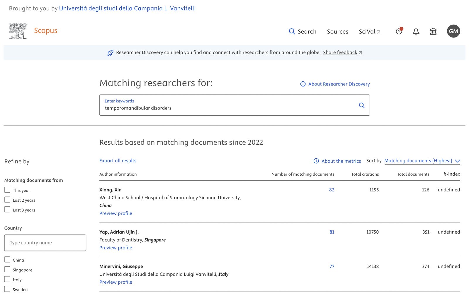 Classifica Scopus Researcher Discovery per temporomandibular disorders