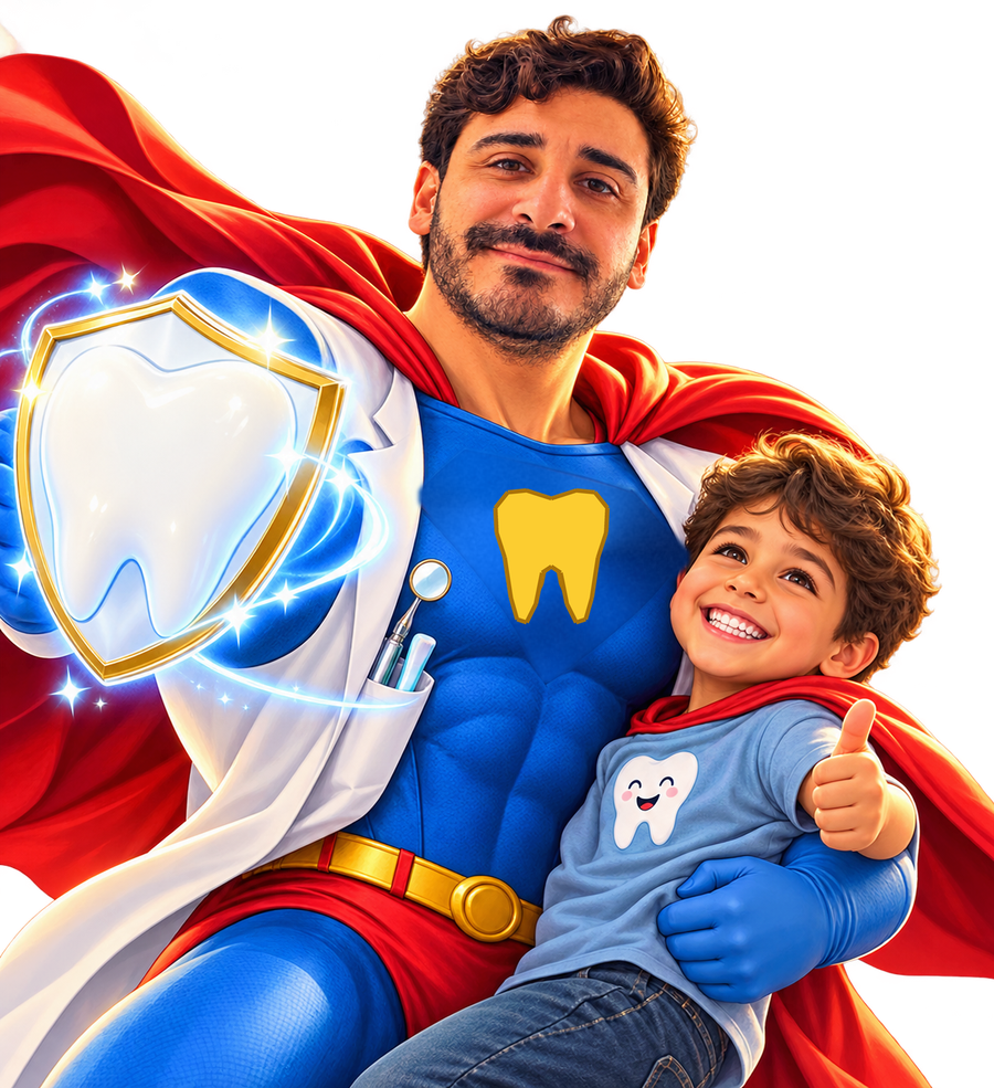 Illustrazione: il dentista supereroe con un piccolo paziente e lo scudo a forma di dente